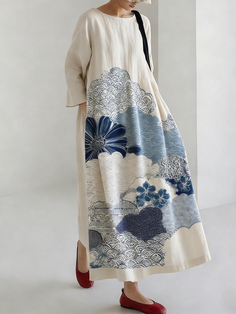 Japanese-style Linen Dress With Geometric & Floral Patterns