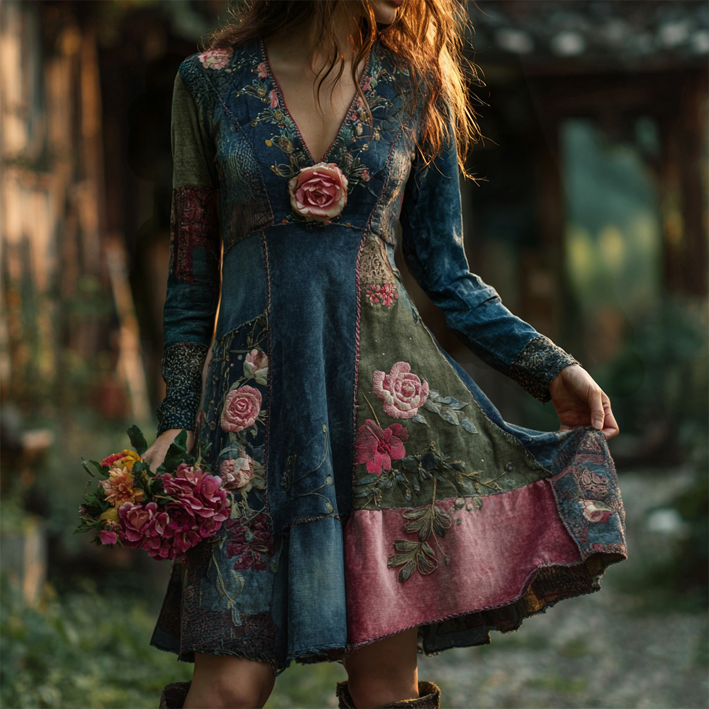Women's Vintage Bohemian Floral Patchwork Long-sleeved Dress