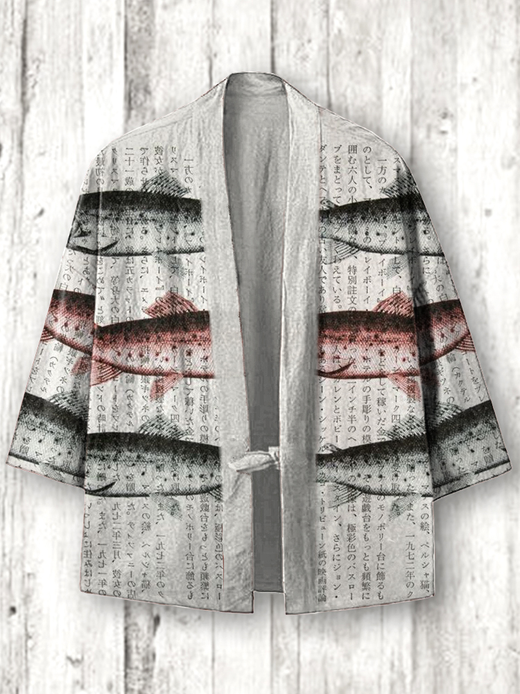 Japanese Art Gyotaku Linen Blend Kimono Cardigan