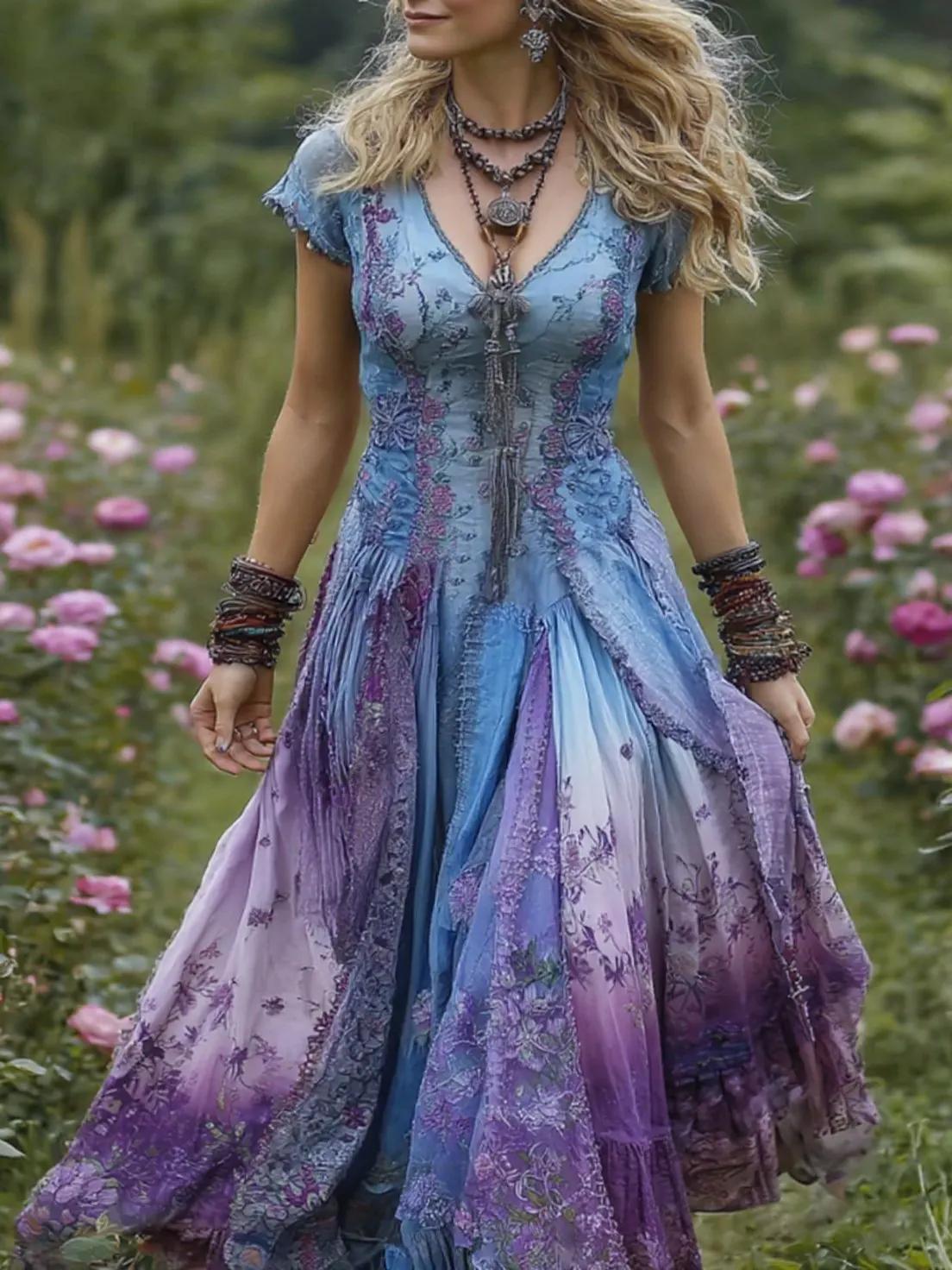 Vintage Gradient Purple Floral Embroidered Maxi Dress