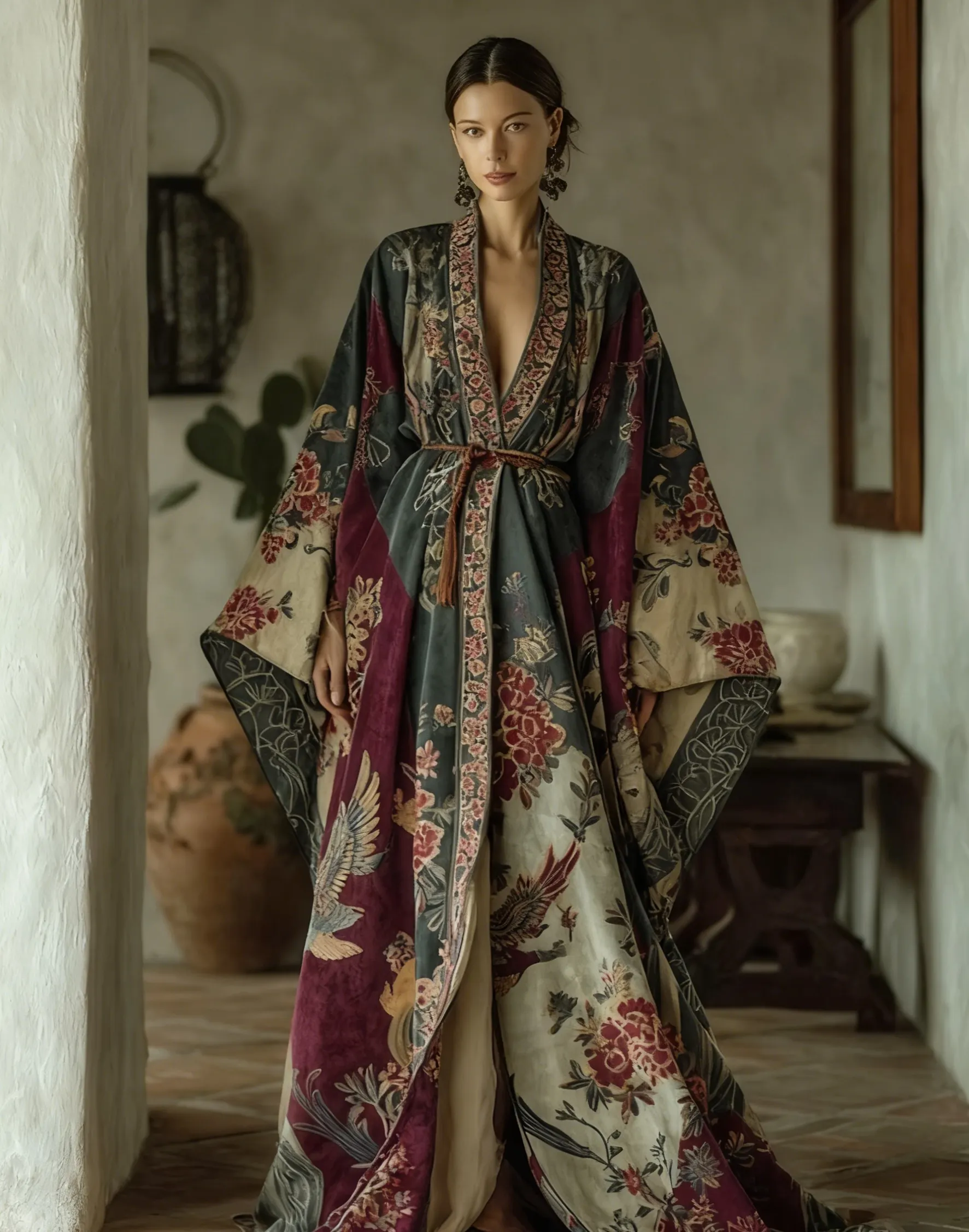 Elegant autumn/winter vintage floral style velvet robe (with belt)