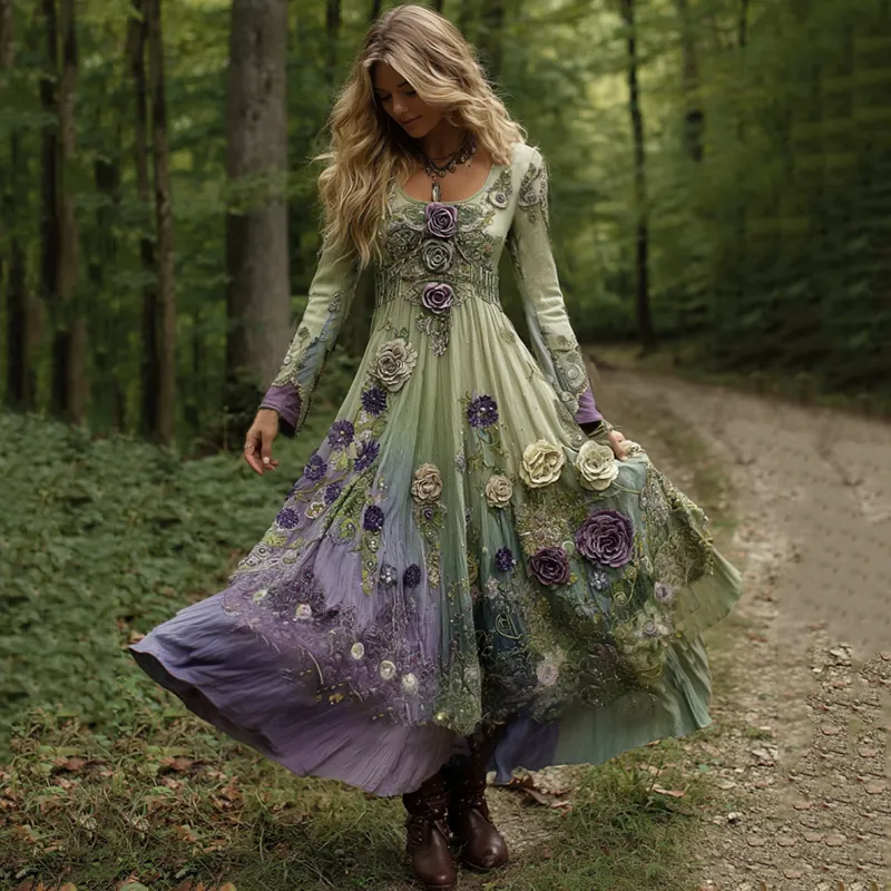 Vintage Classy Gradient Purple Lavender And Floral Embroidered Maxi Dress