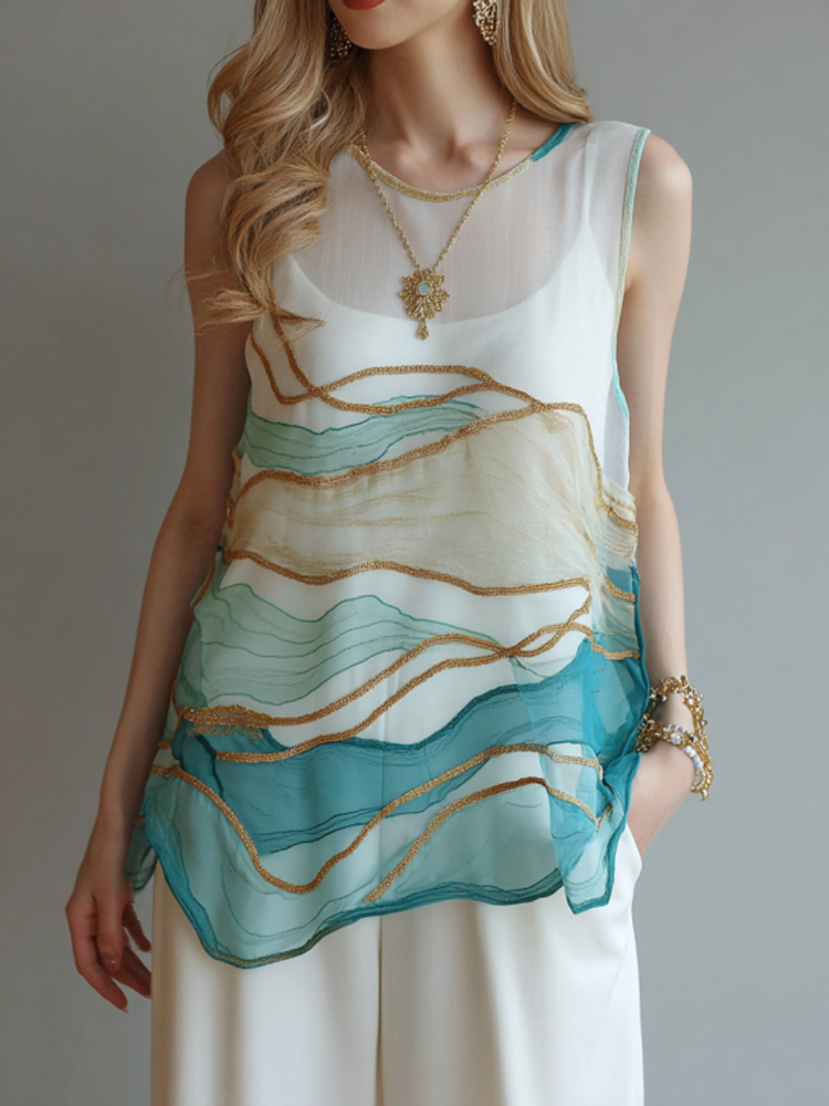 Vintage Marble Texture Collection Retro Bohemia Women Style Gradient Gilded Pattern Tank Top