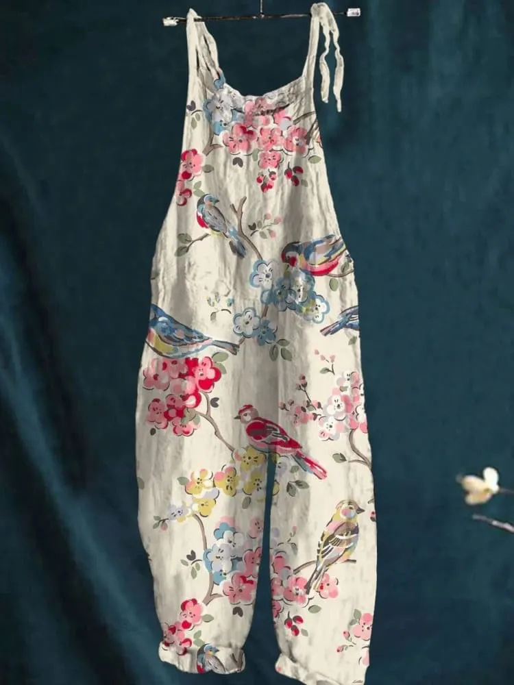 Vintage Lovely Floral Birds Art Print Casual Wide-Leg Jumpsuit