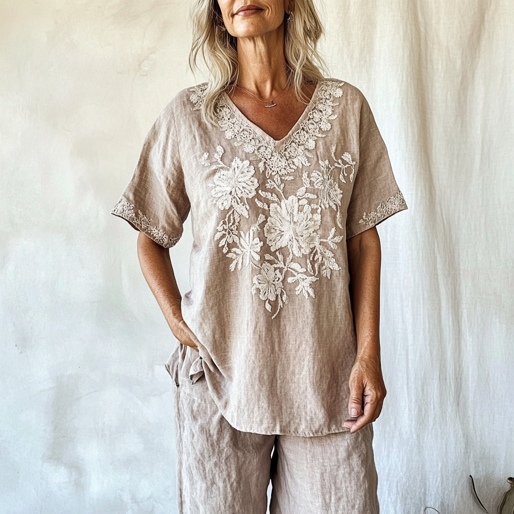 Vintage Floral Pattern Cotton & Linen V-neck Shirt