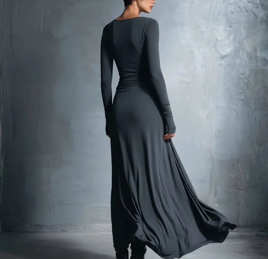 Women's Gray Exquisite Stretch Blended Fabric Wrap Dress - Knotted Maxi Dress