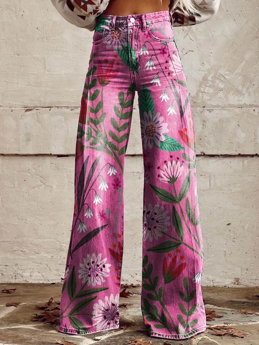 Retro Floral Art Casual Wide-Leg Pants
