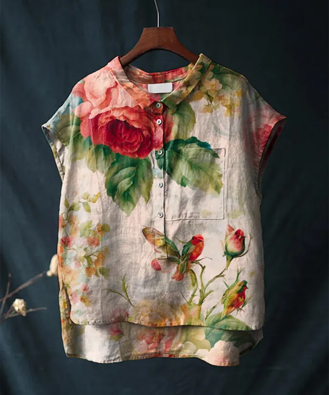 Vintage Floral Print Short-sleeved Cotton & Linen Shirt