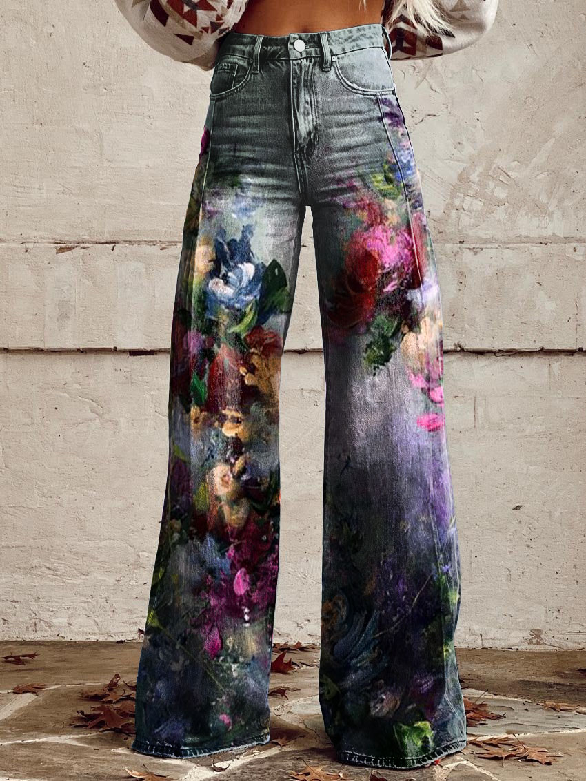 Floral Print Casual Wide-Leg Pants