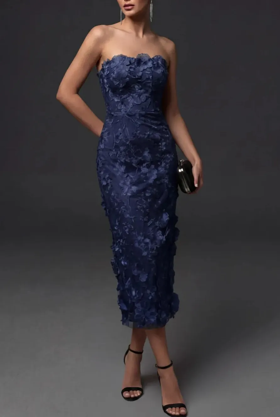 White Strapless Floral Dress Lace Midi Cocktail Dress