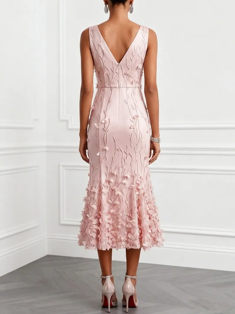 Light Pink 3D Floral Classic V-Neck Sleeveless Mermaid Midi Dress