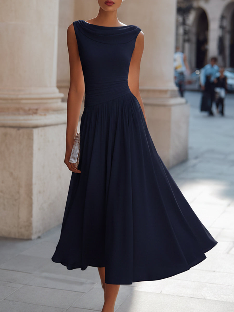 Draped Neck Sleeveless Midi Dress