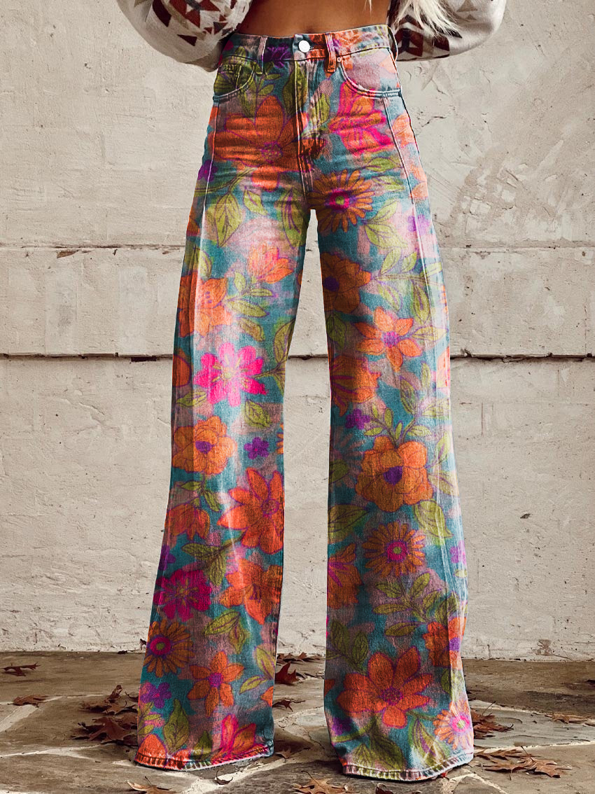 Vintage Floral Art Casual Wide-Leg Pants