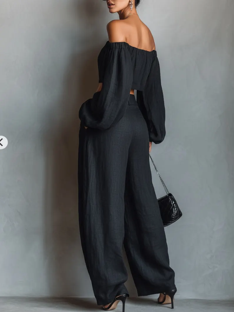 Black Off-the-shoulder Long-sleeved Top & Wide-leg Pants Set