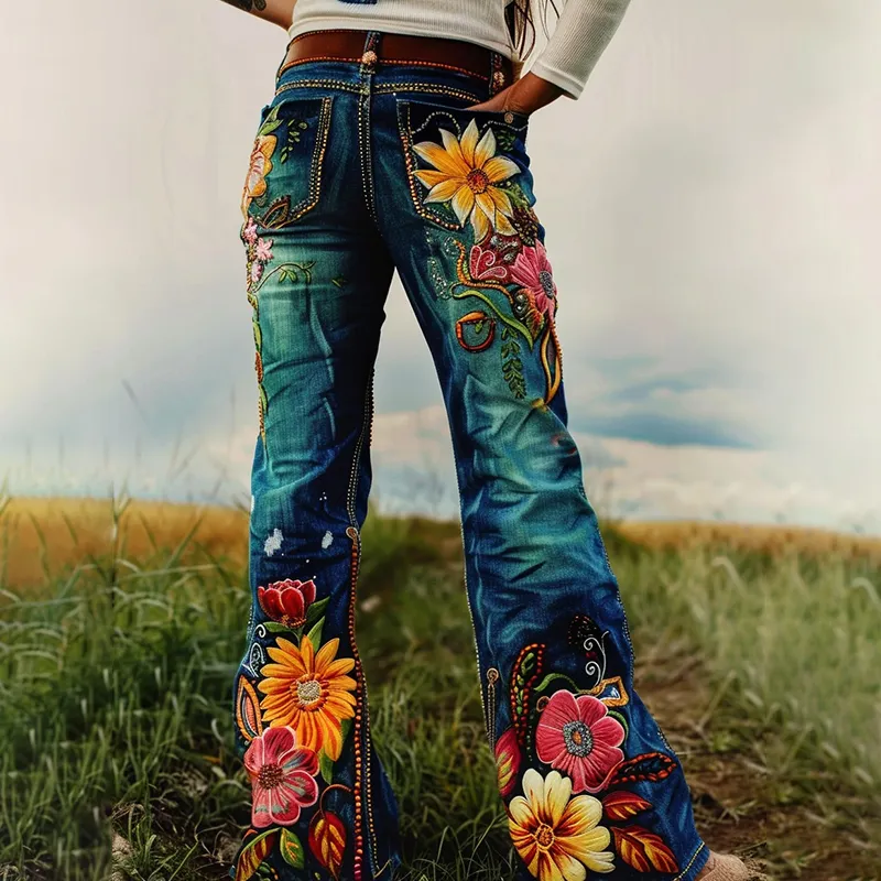 Vintage Artistic Floral Print Western Pants