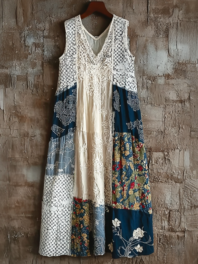Japanese Art Retro Style Geometric Patchwork Design Lace Patch Women's Cotton & Linen Dress