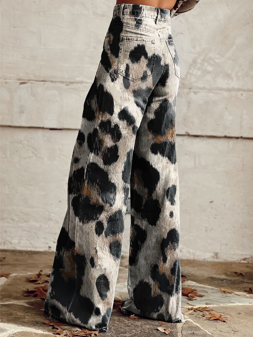 Vintage Print Casual Wide-Leg Pants
