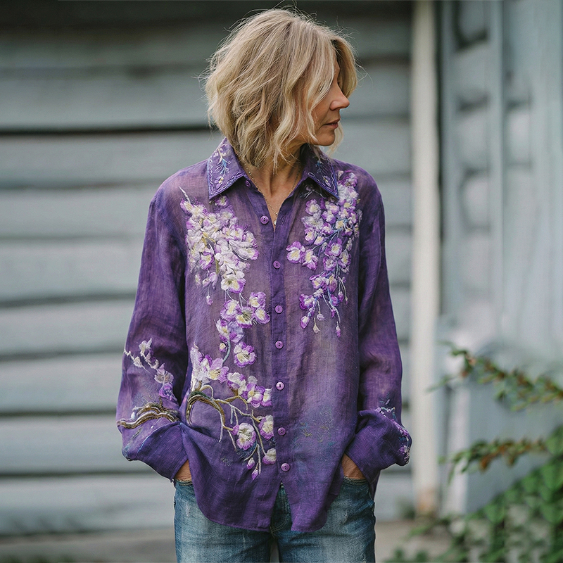 Vintage Iris Embroidered Floral Linen Long Sleeve Shirt