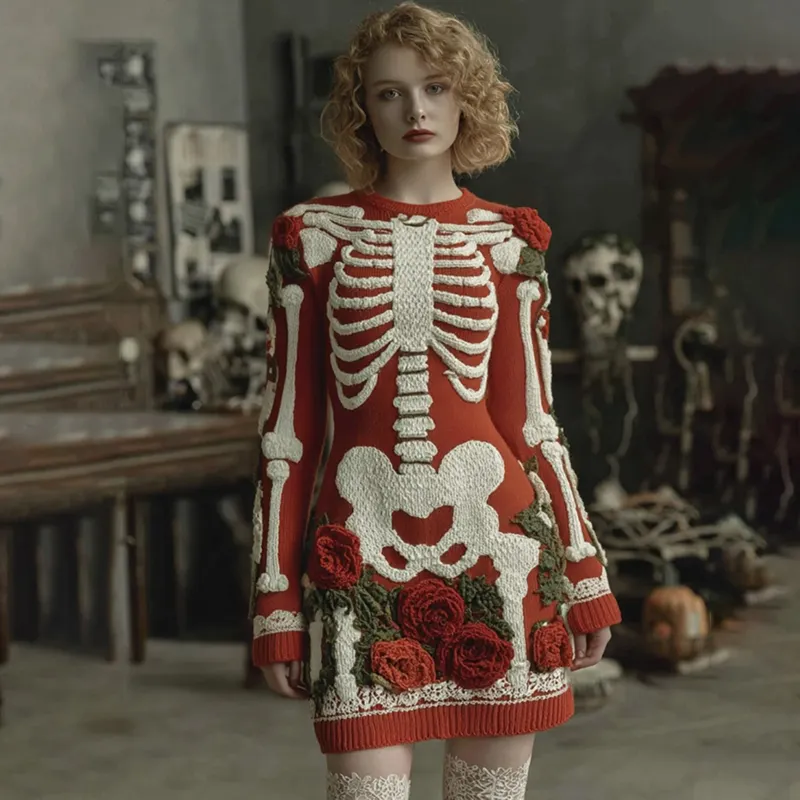 Women's Vintage Halloween Skeleton Bones Rose Comfortable Elegant Sweater Dress