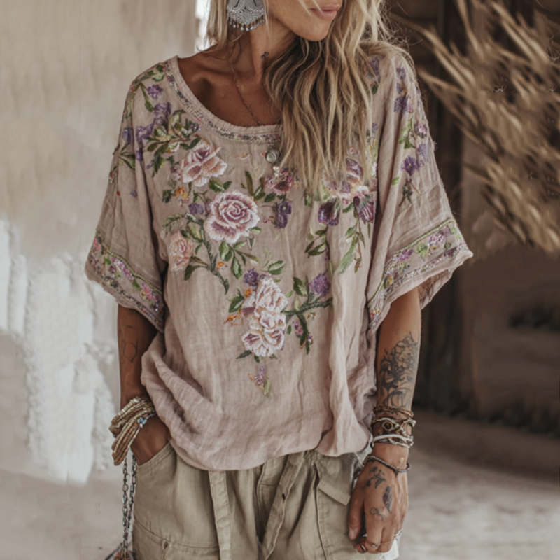 Vintage Purple Floral Embroidered Short Sleeve Shirt