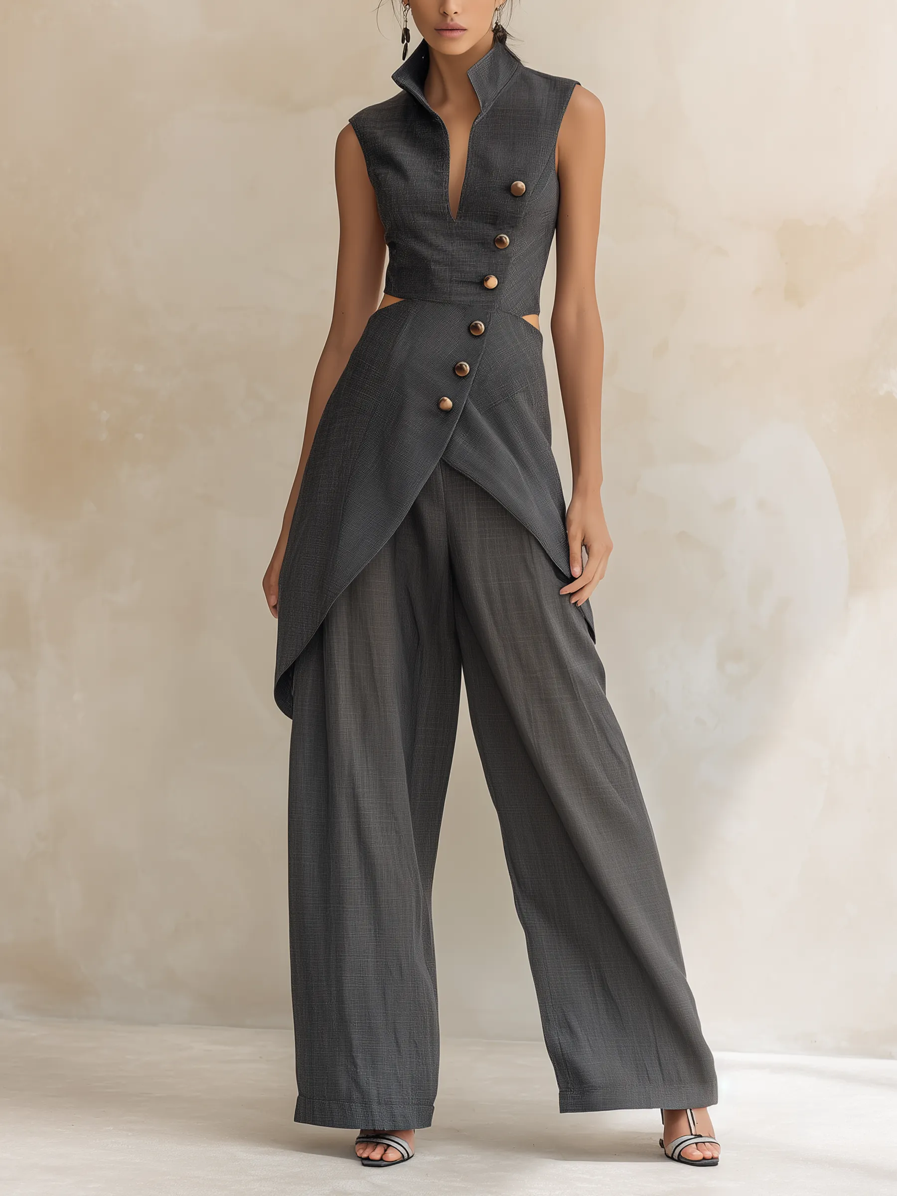 Charcoal Asymmetric Waistcoat & Wide-Leg Pant Set