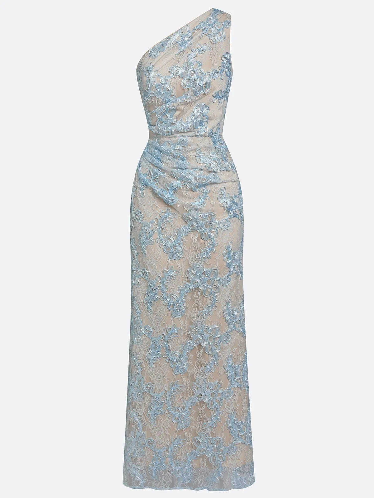 Light Blue Lace Jacquard One-Shoulder Sleeveless Mermaid Floor-length Gown