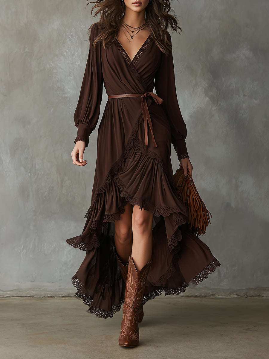 Bohemian-blend Lace Multi-layer Ruffle High-low Hem Maxi Dress