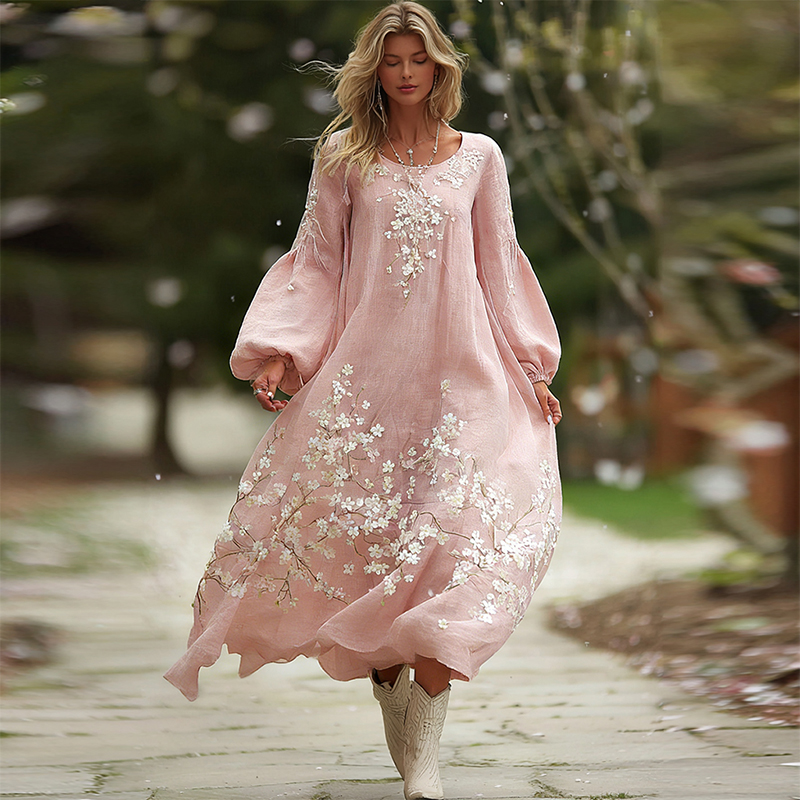 Women's Bohemian Cherry Blossom Pattern Casual Round Neck Long Sleeve Dress