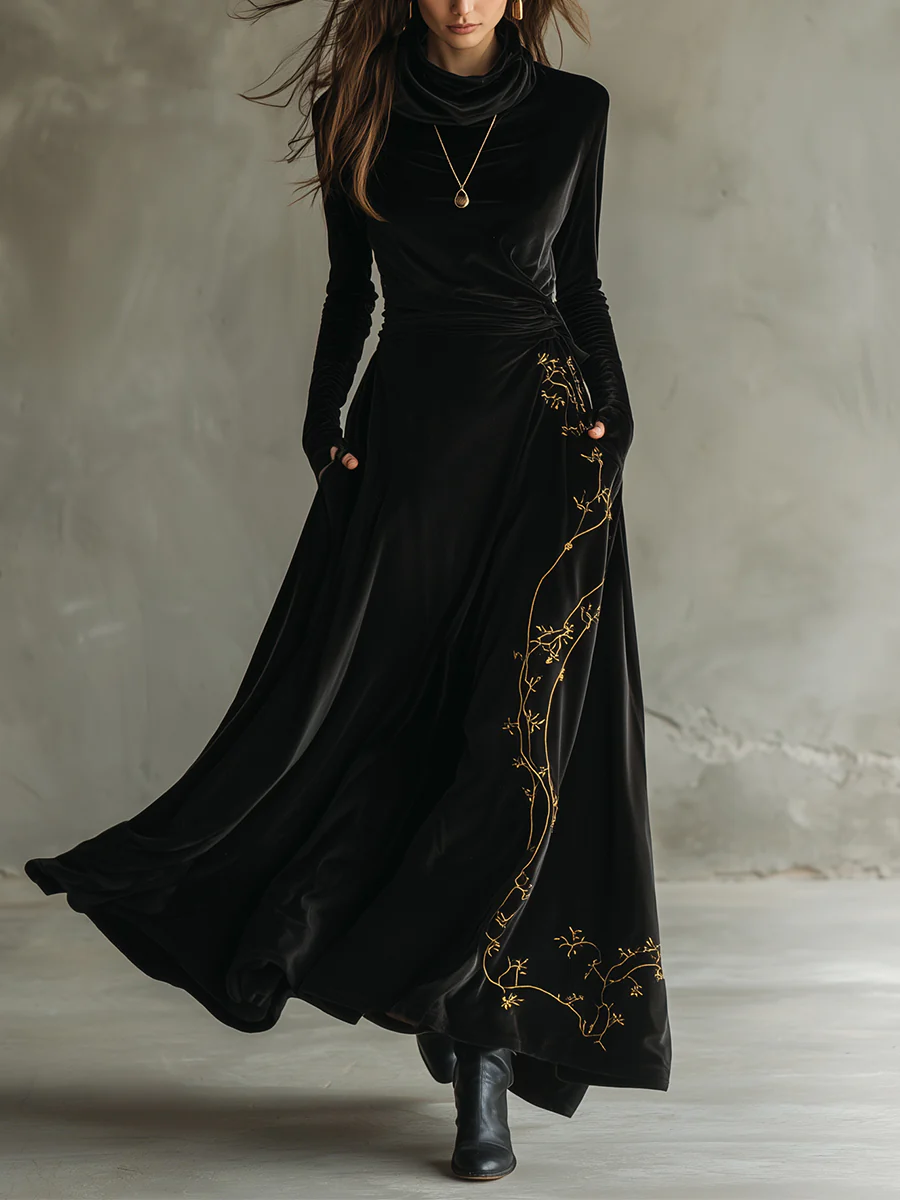 Black Pile Collar Velvet Embroidered A-line Maxi Dress