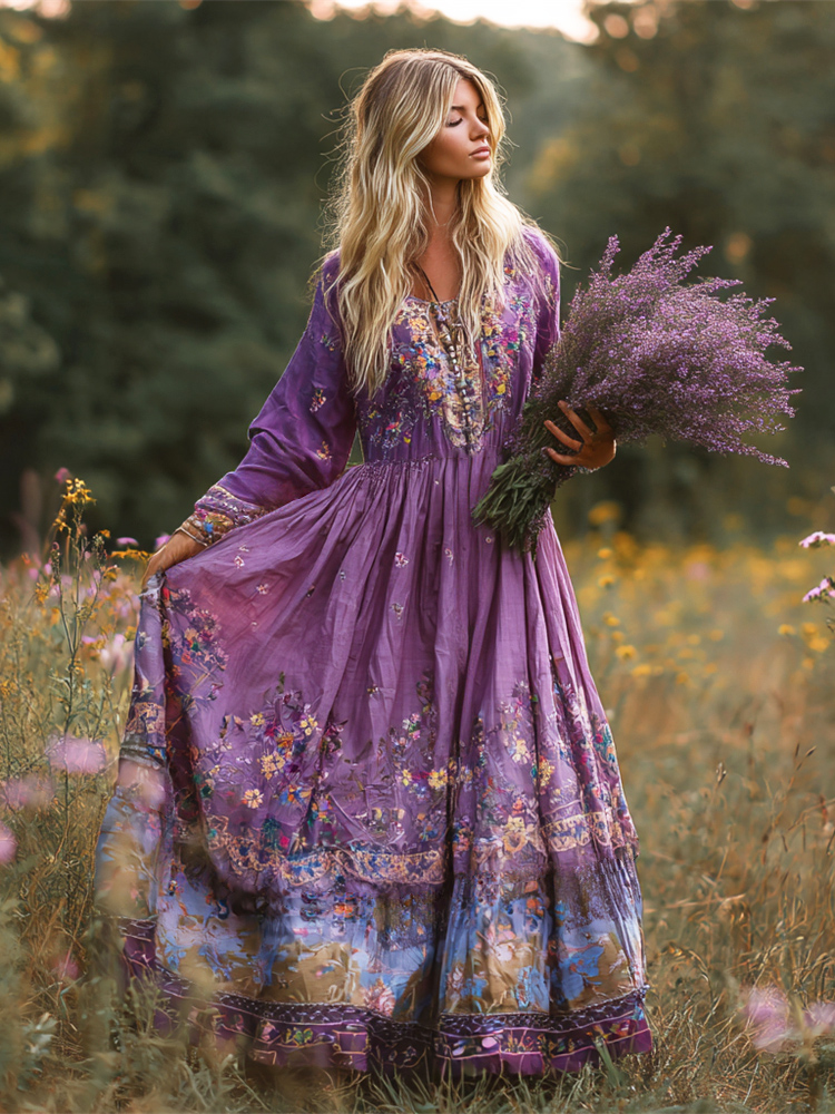 Vintage Ethnic Floral Boho Art Women's Linen Flowy Maxi Dress