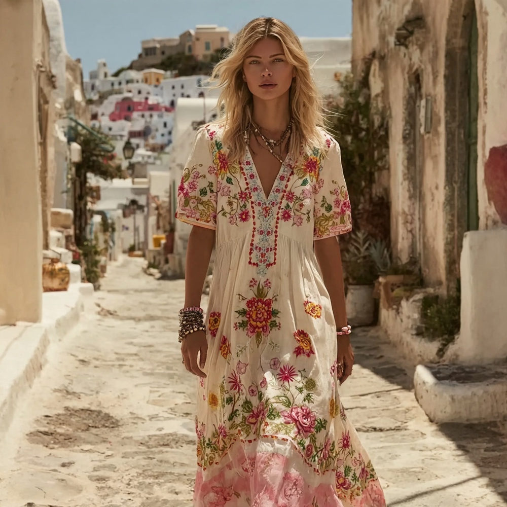 Vintage Boho Floral Pattern Comfy Linen Maxi Dress
