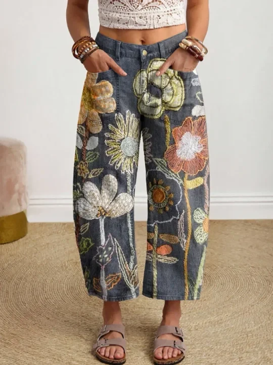 Vintage-style Textured Floral Art Print Casual Cotton Trousers With Pockets