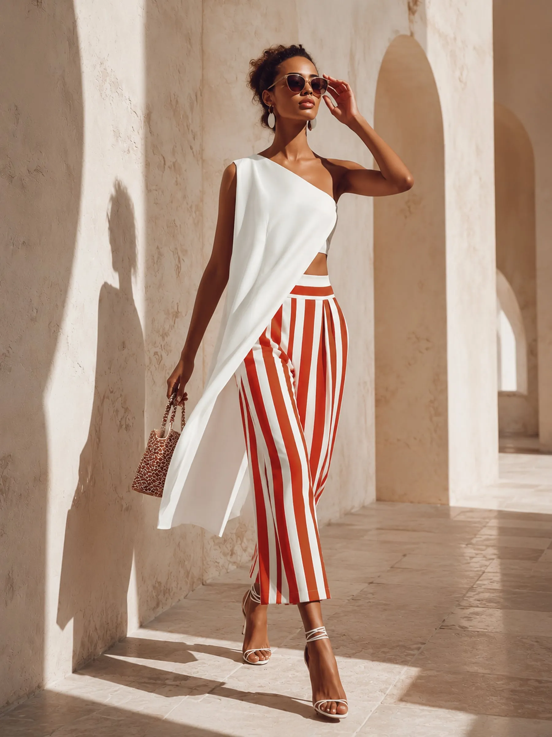 Sunset Stripes Asymmetrical One-Shoulder Two-Piece Set Effortless Vacation Glam