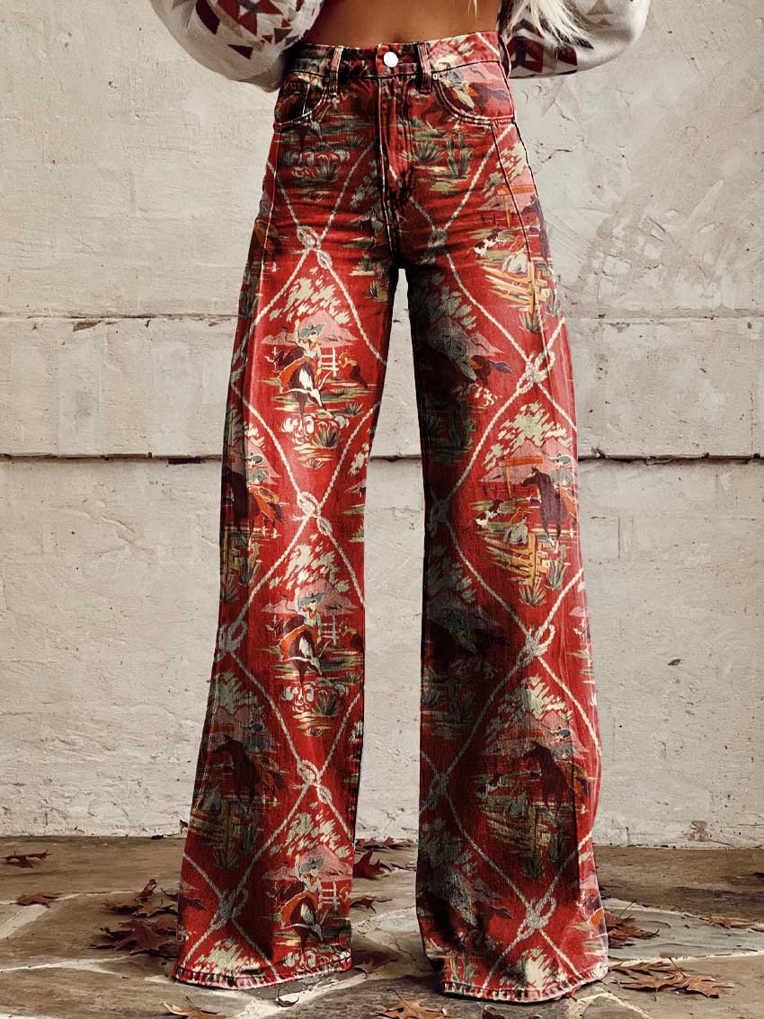 Aztec Race Print Casual Wide-Leg Pants