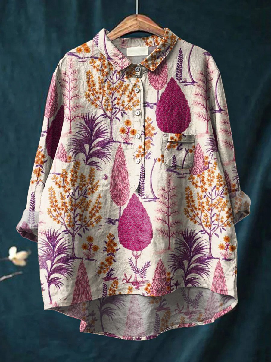 Floral Art Print Casual Cotton & Linen Shirt