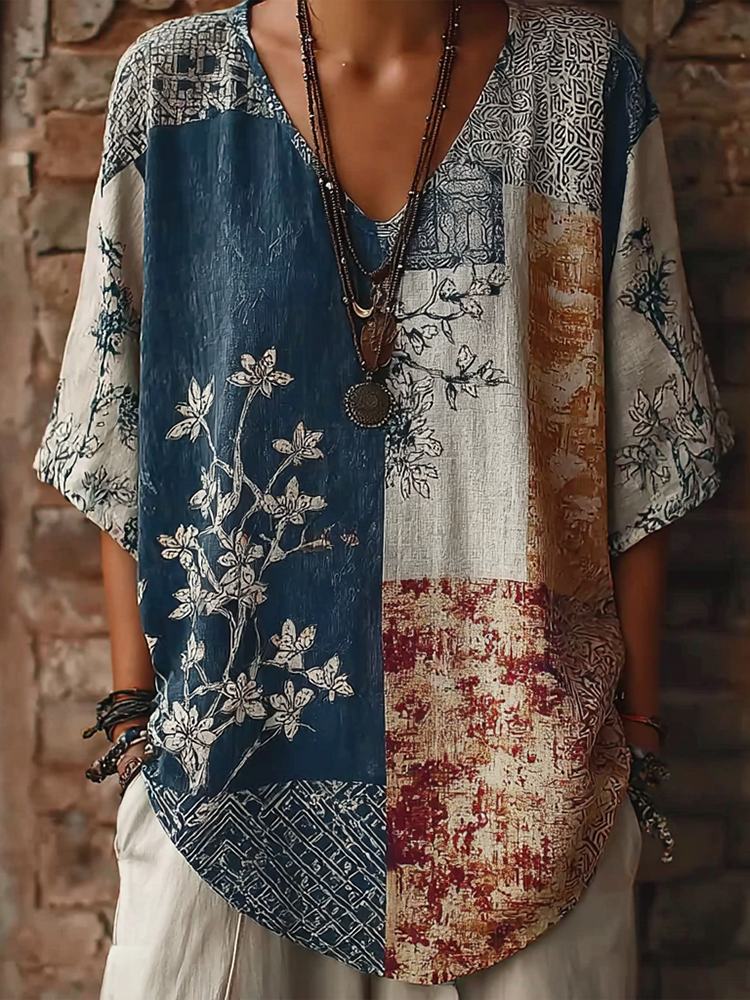 Japanese Art Retro Geometric Patchwork Plant Flower Print Women's V-neck Cotton & Linen Top