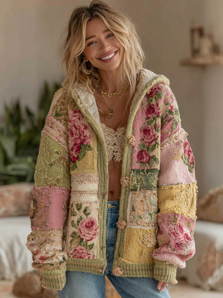 Women's Vintage Patchwork Floral Art Hooded Cardigan