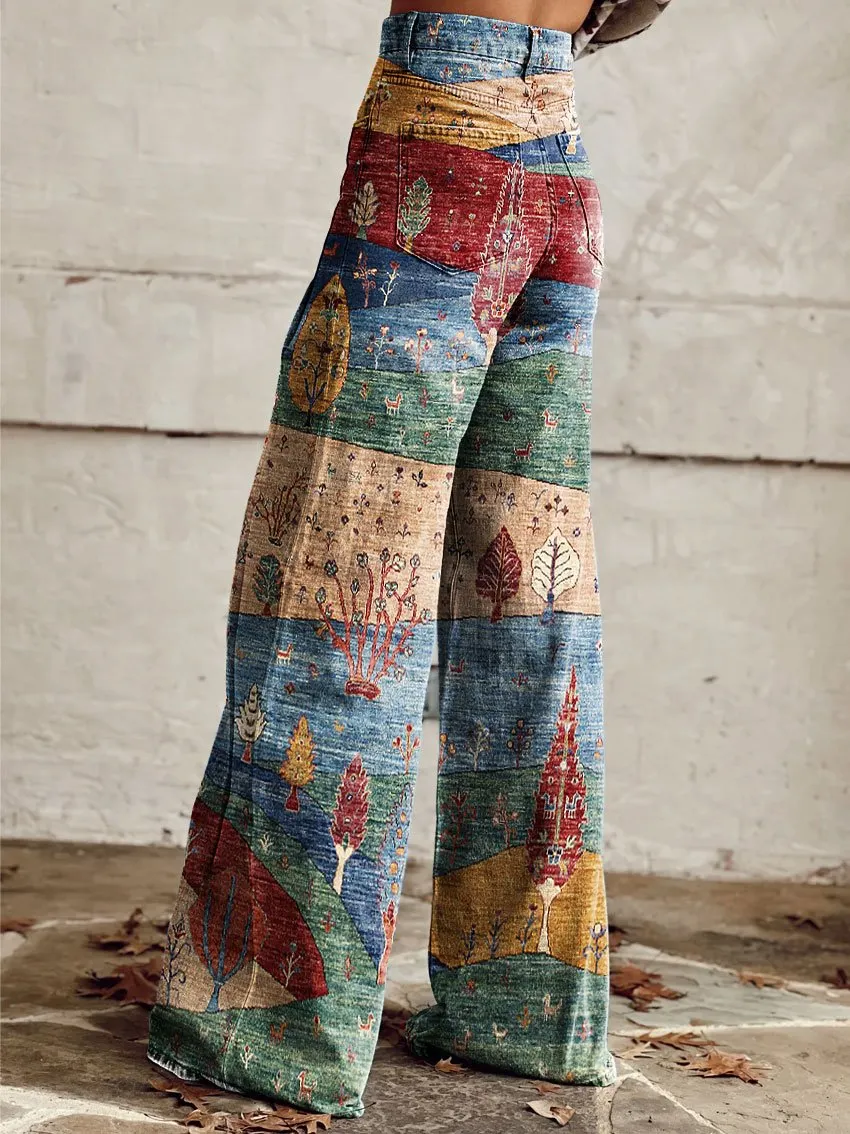 Vintage Print Casual Wide-Leg Pants