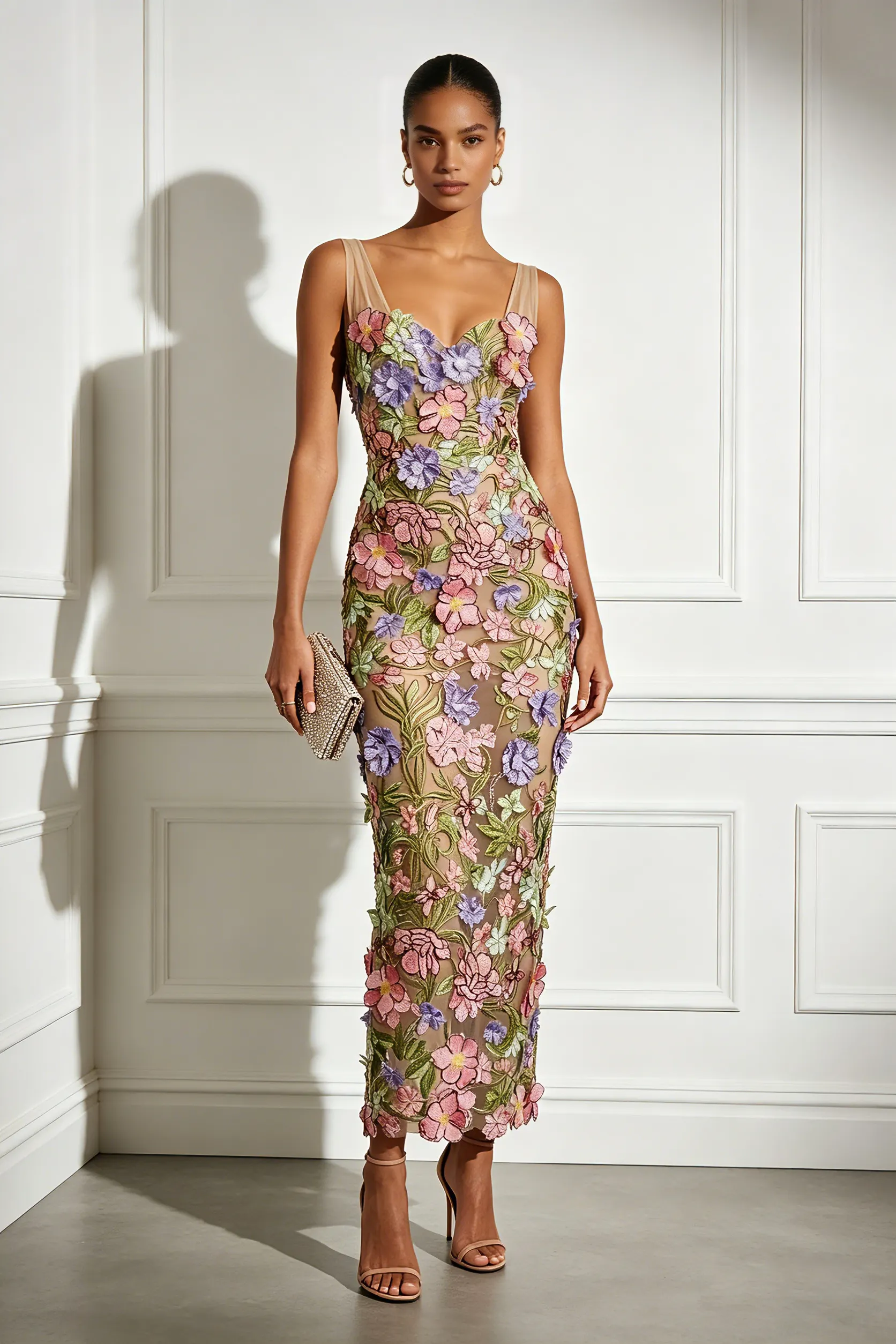 Pink 3D Floral Lace V-Neck Sleeveless Sheath Maxi Dress