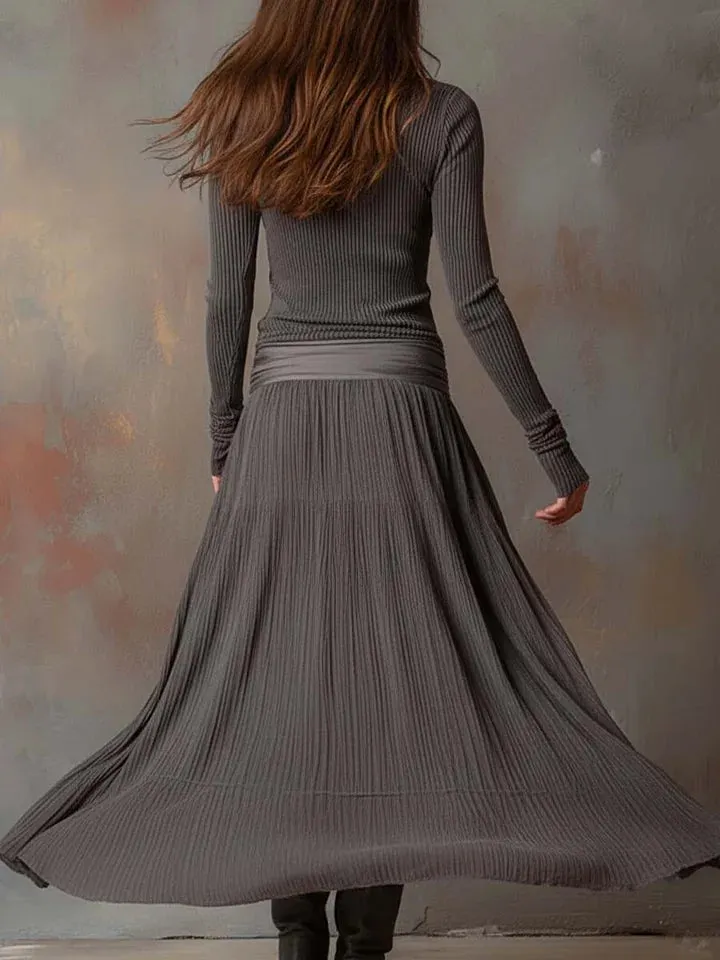 Retro grey ribbed stretch slim-fit dress