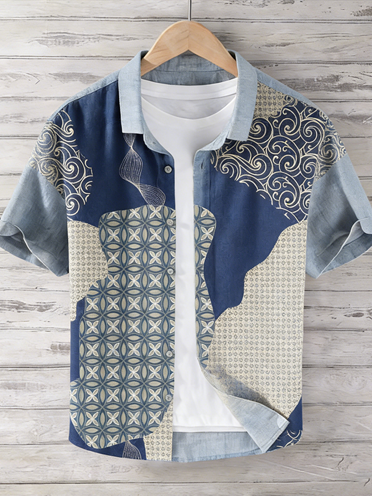 Japanese Art Retro Geometric Patch Cotton & Linen Shirt
