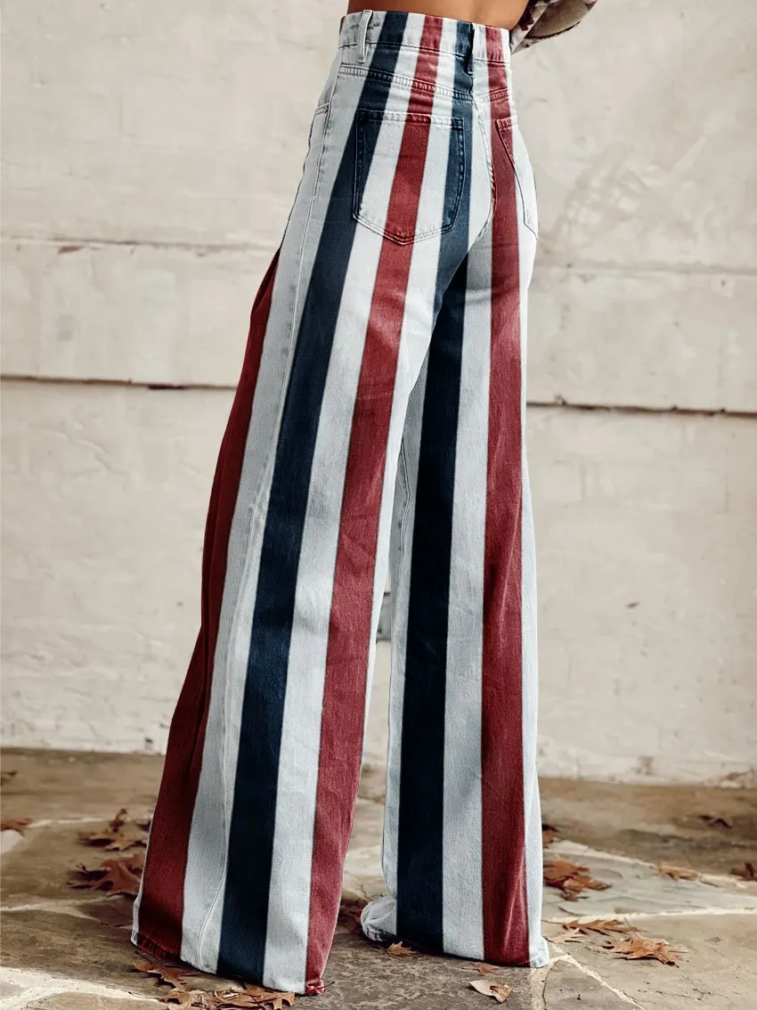 Vintage Stripes Print Casual Wide-Leg Pants