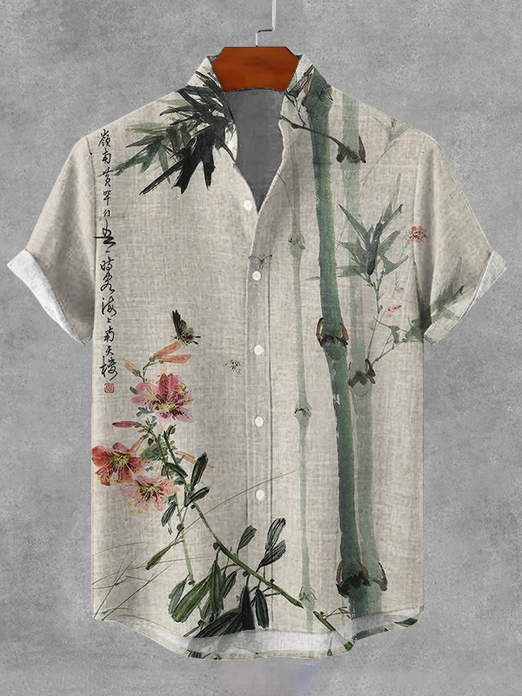 Men's Vintage Bamboo Floral Oil Painting Art Print Casual Shirt