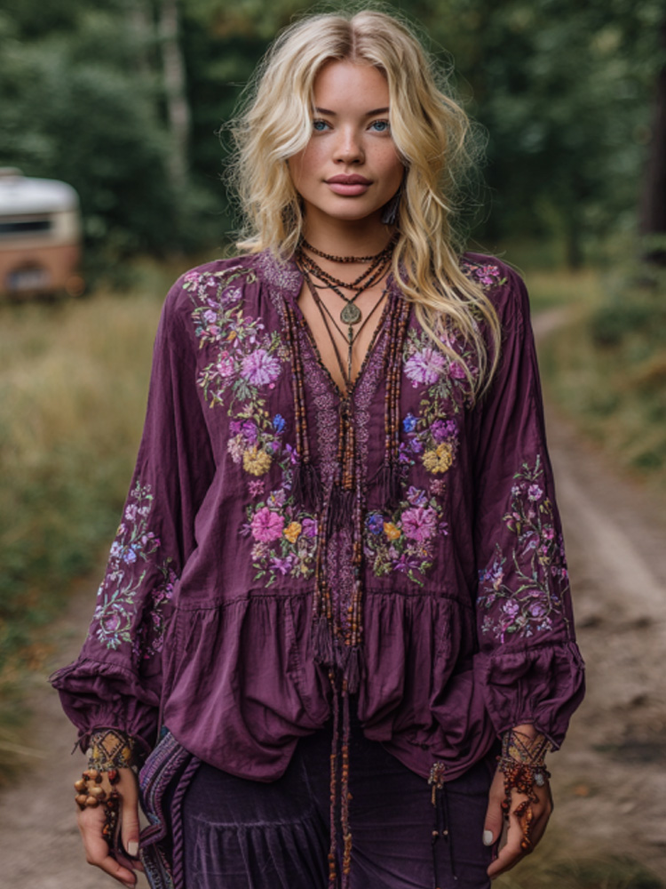 Women's Casual Purple Floral Embroidered Long Sleeve Shirt
