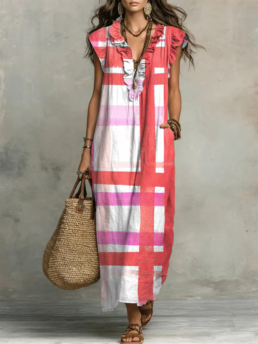 Plaid Print V-Neck Ruffle-Trim Maxi Dress