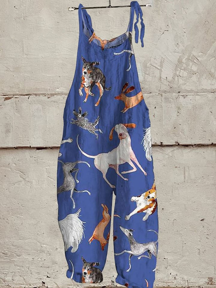 Vintage Lovely Dogs Art Print Casual Wide-Leg Jumpsuit