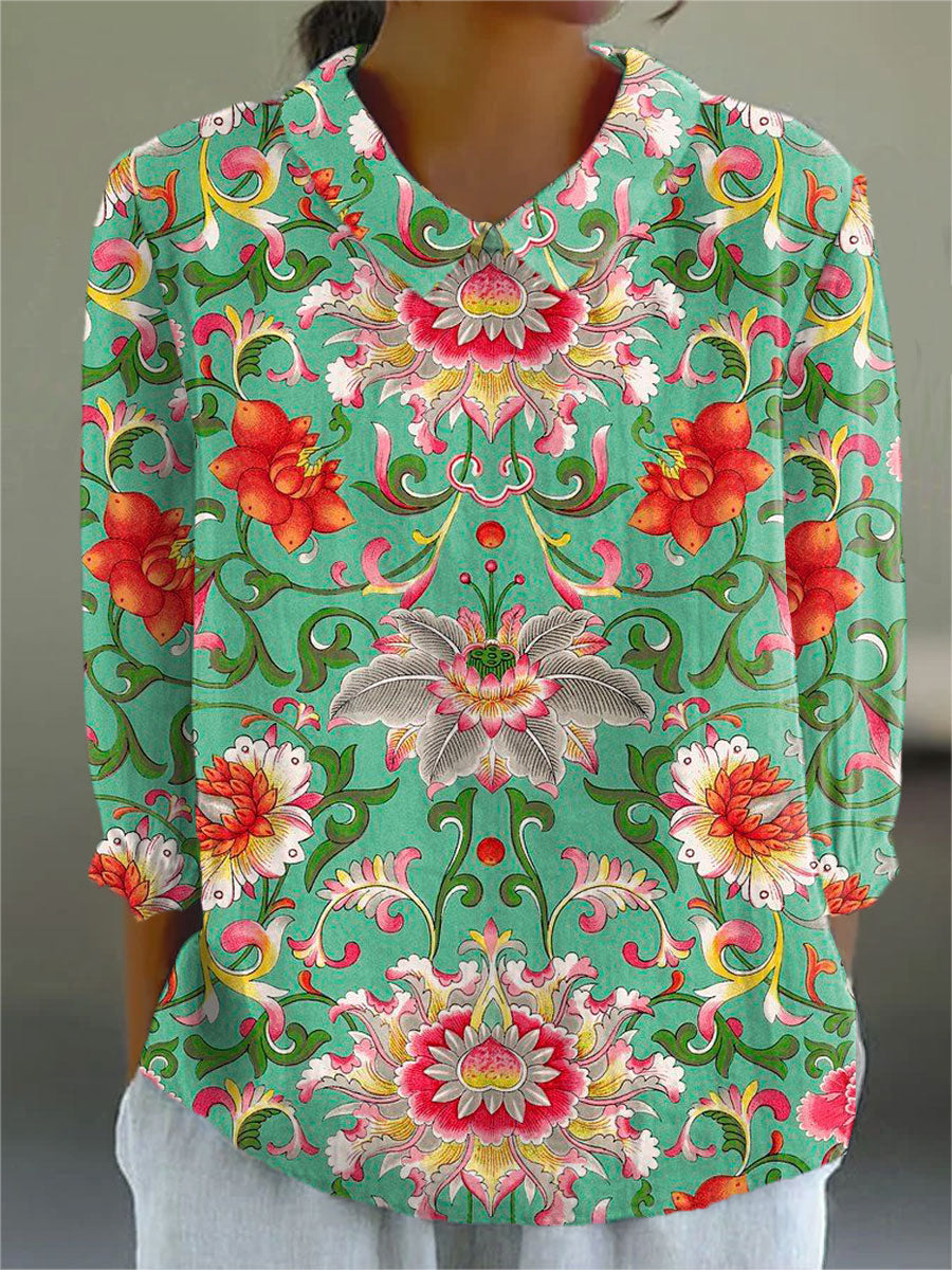 Vintage Flower Art Print Casual Cotton & Linen 3/4 Sleeve Shirt