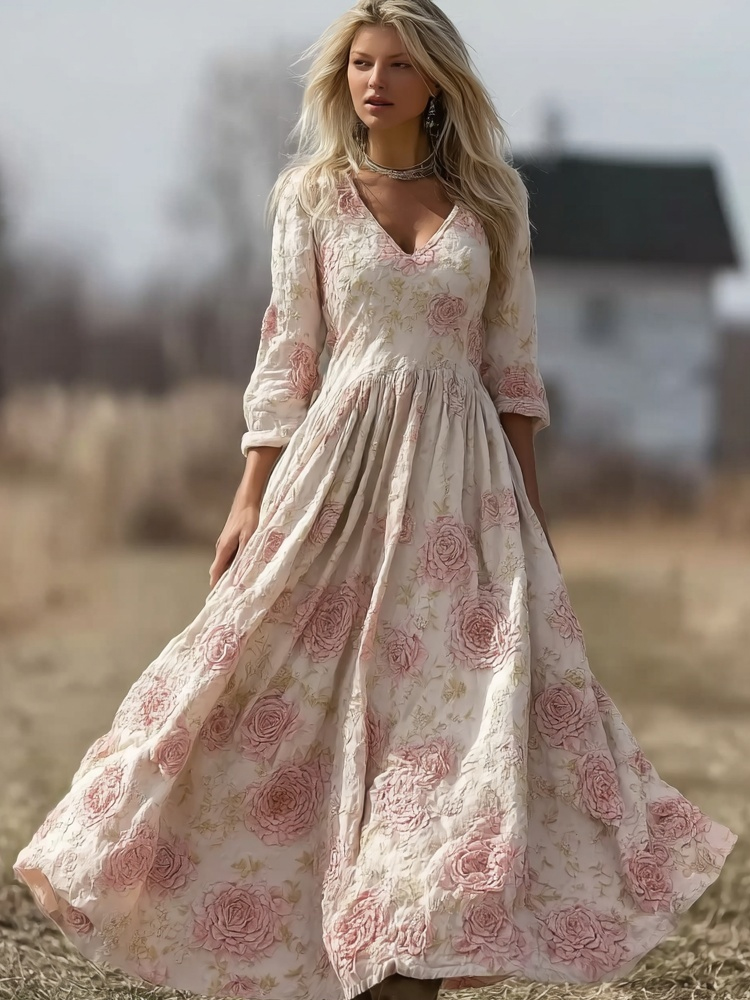 Elegant Boho Pink Roses Embroidered Flowy Linen Maxi Dress