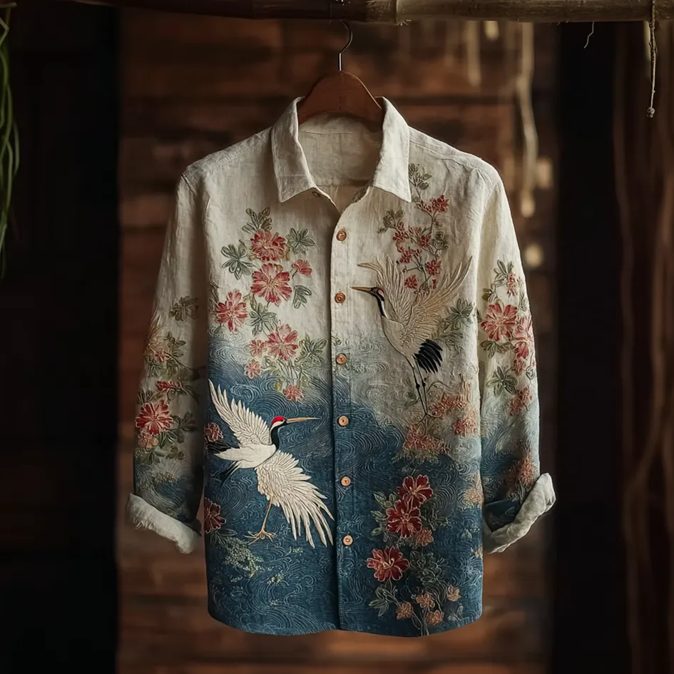 Japanese Art Retro Style Plant Flower & Crane Pattern Men's Cotton & Linen Shirt