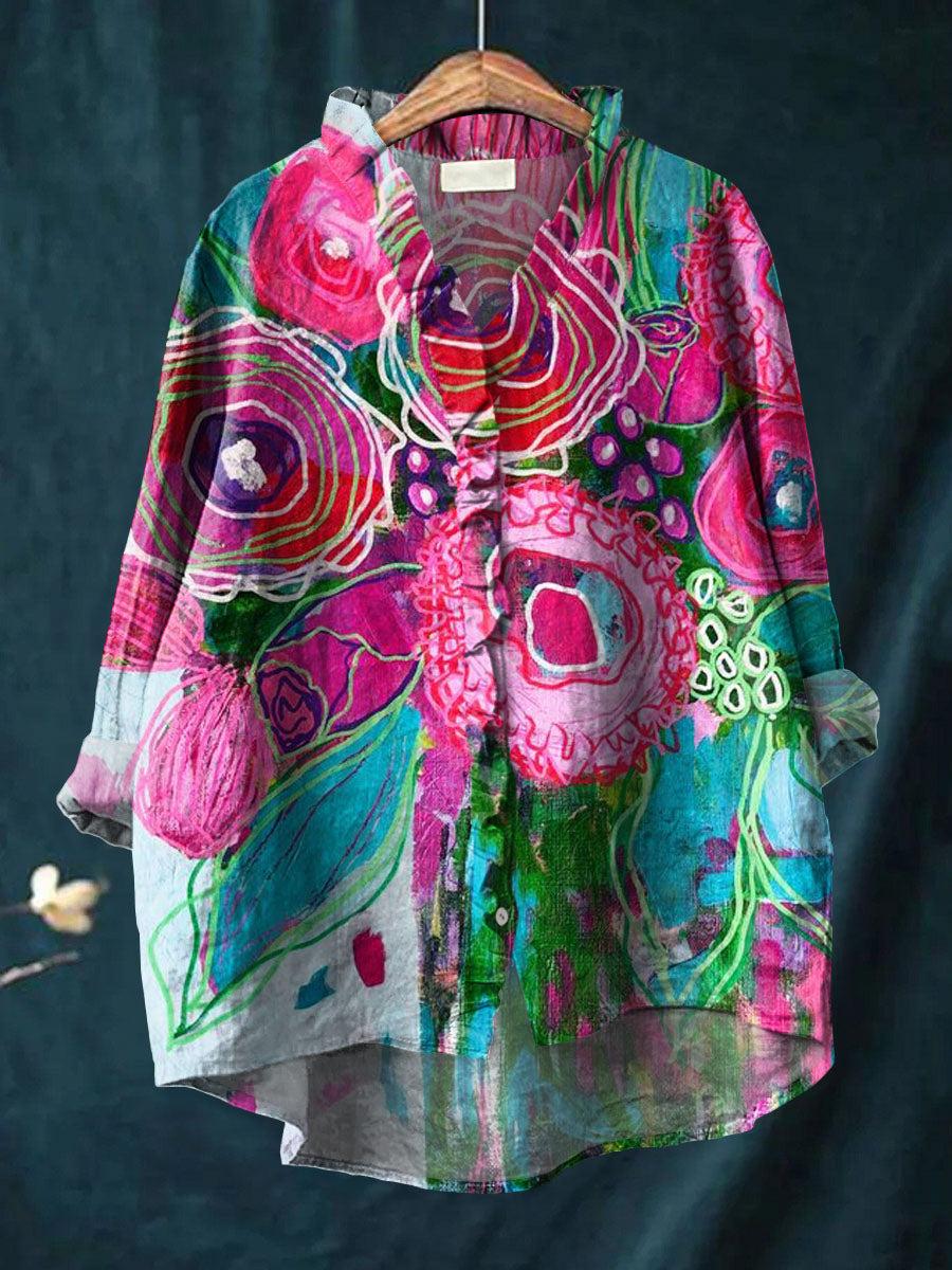 Lovely Floral Art Print Casual Cotton & Linen Ruffle Shirt
